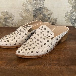 White studded pointed toe wooden heel mule